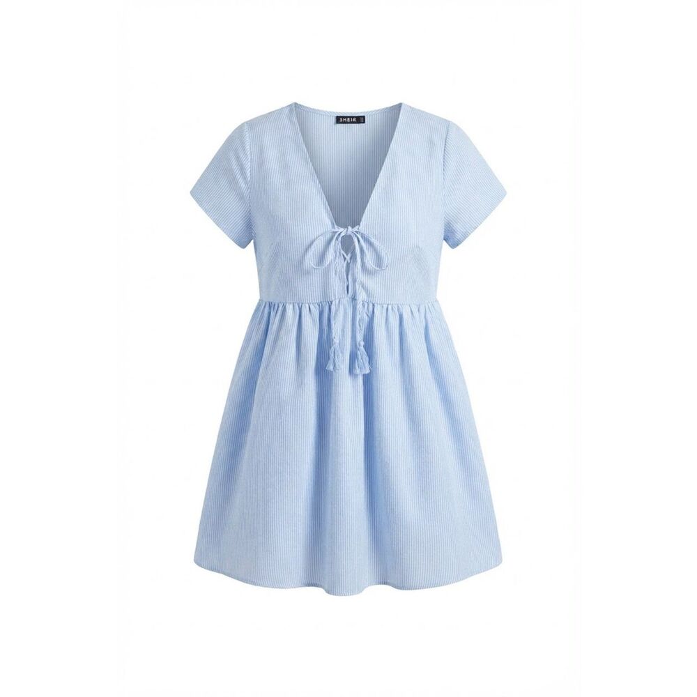 Shein Light Blue V-Neck Tie Front Mini Dress M Petite